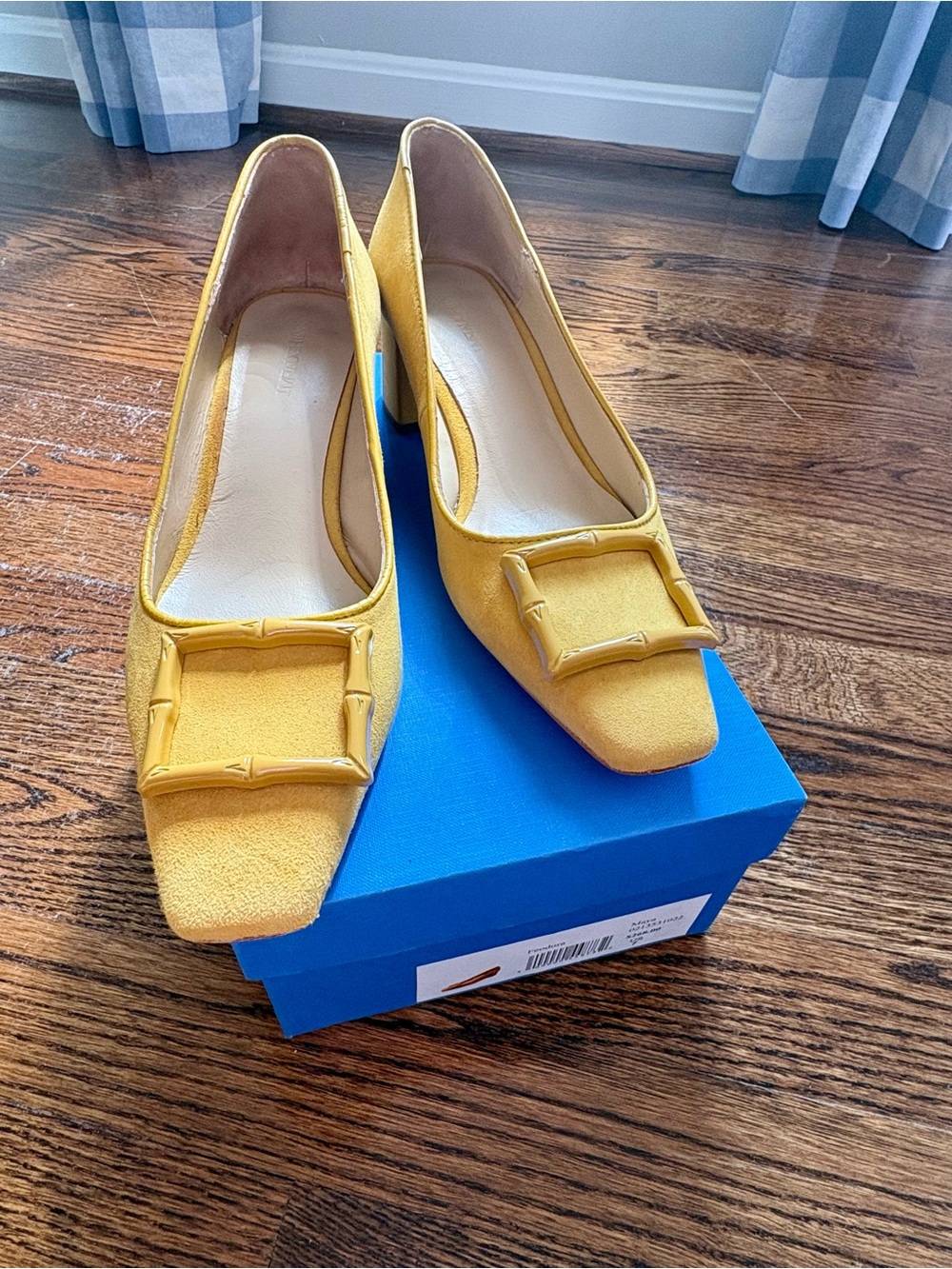 Yellow Square-Toe Buckle Heels